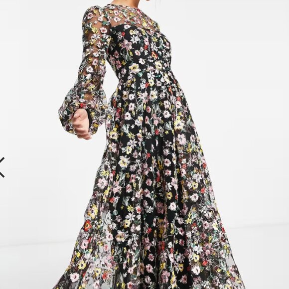 ASOS EDITION all over floral embroidered maxi dress in black, size US 4 - Picture 1 of 7